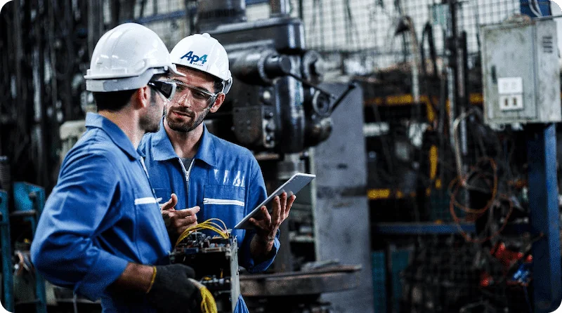 Two men in blue overalls and hard hats examining a tablet together.