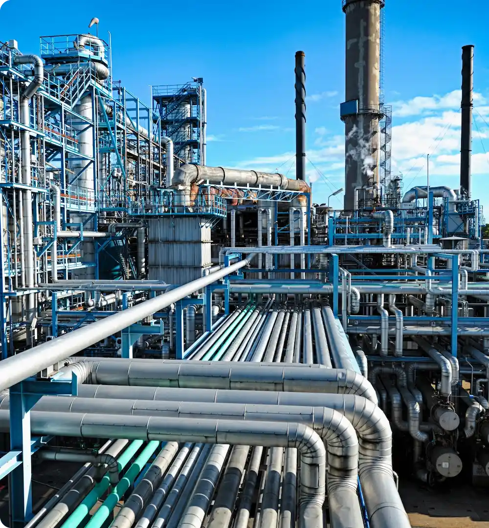 Pipes and pipes in an oil refinery: a complex network of interconnected pipes used for processing and transporting oil.
