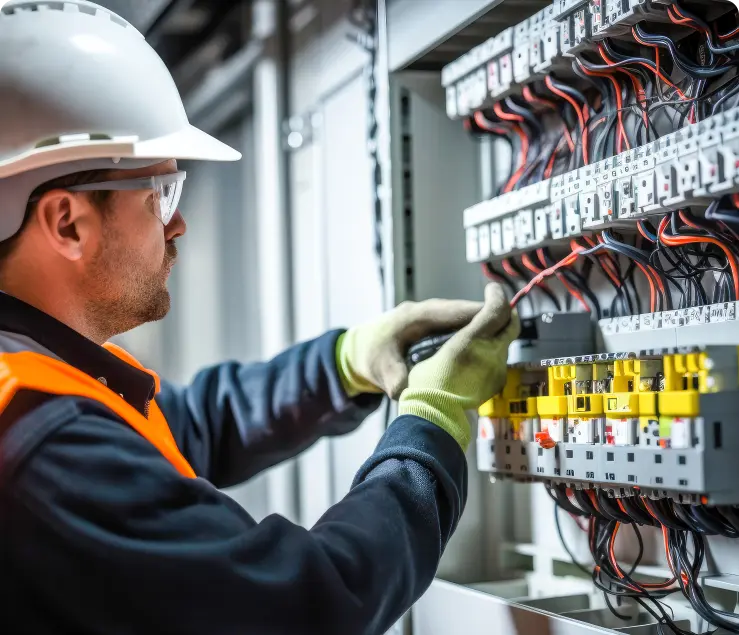 A worker in an orange vest and hard hat is fixing an electrical panel.