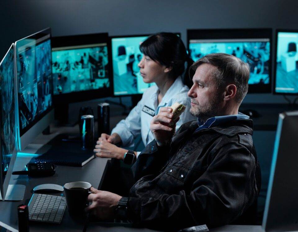 Cybersecurity professionals monitoring multiple screens in a control room, highlighting vigilance and real-time monitoring in cybersecurity.