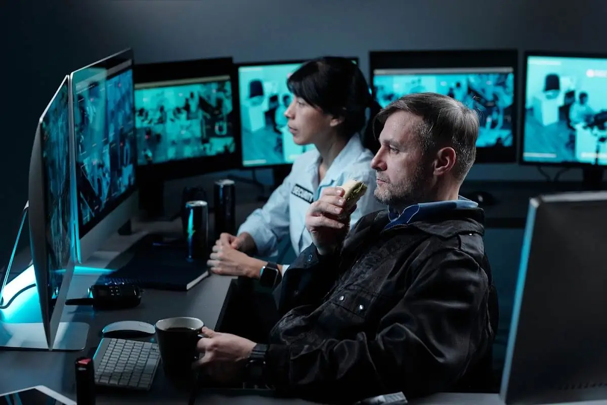 Cybersecurity professionals monitoring multiple screens in a control room, highlighting vigilance and real-time monitoring in cybersecurity.