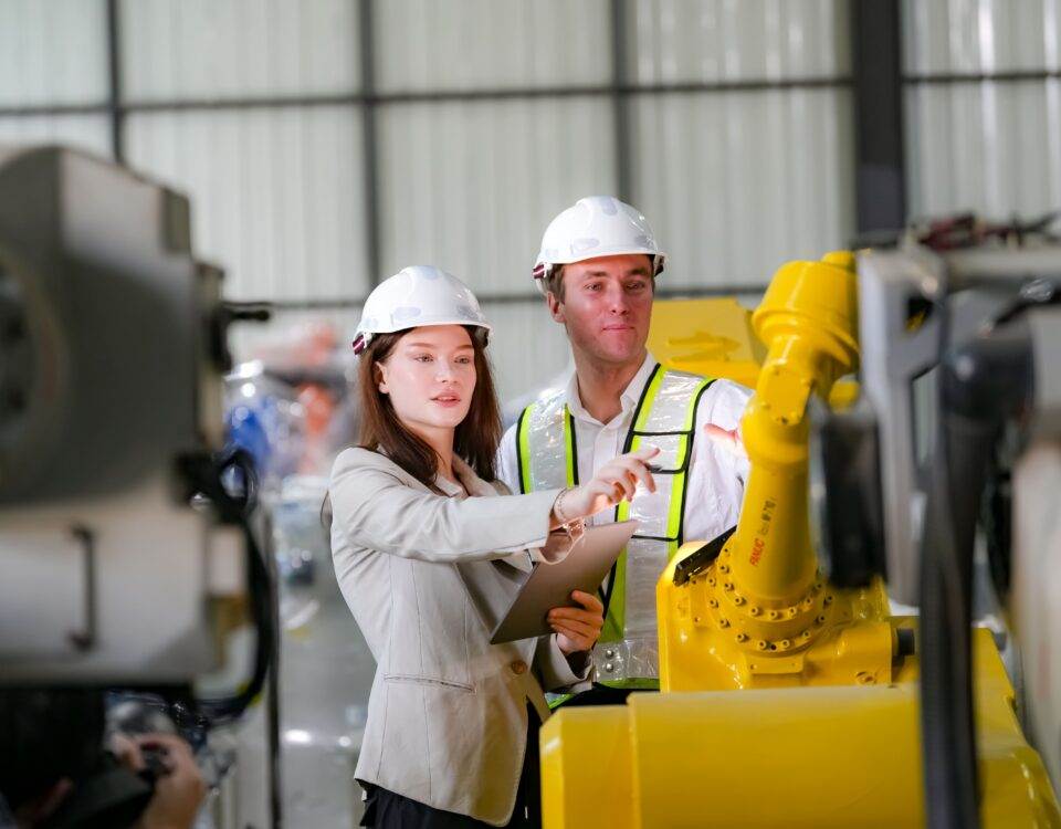 Engineers inspecting a yellow industrial robot in a factory setting.