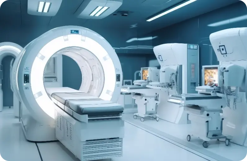 An MRI machine in a hospital room, used for medical imaging.