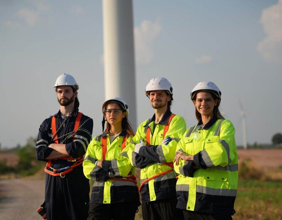 Team of energy professionals in safety gear standing in front of a wind turbine, symbolizing expertise in sustainable energy services.