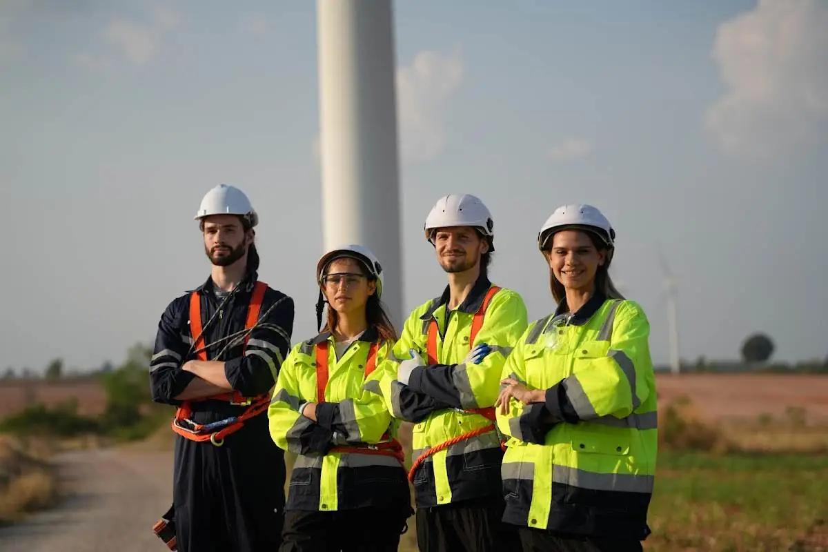 Team of energy professionals in safety gear standing in front of a wind turbine, symbolizing expertise in sustainable energy services.