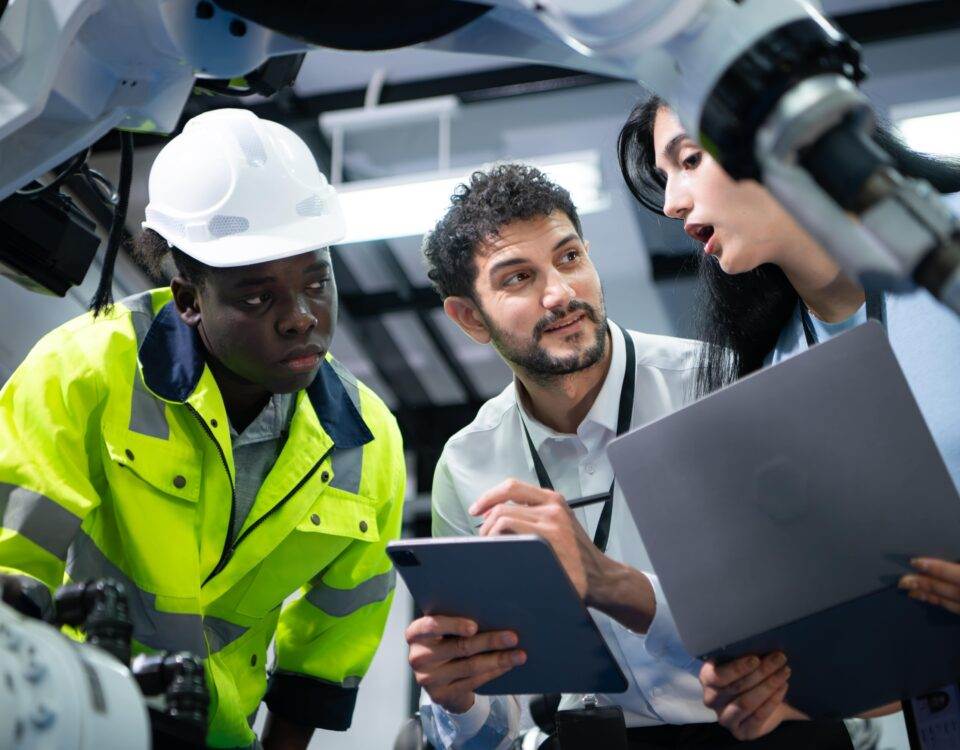 Technicians examine and discuss the functionality of industrial hand robots in a high-tech workshop.